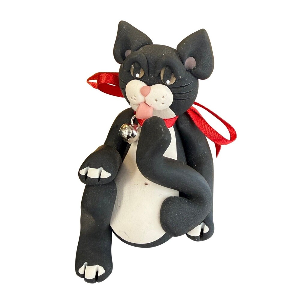 CECILE BAIRD Cat Figurine No 308-2 Black Clay Playful Kitten w/ Hang Tag